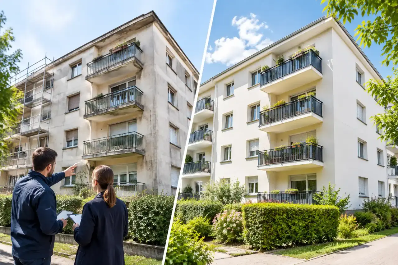 Immeuble de copropriété bien entretenu après des travaux de suivi technique