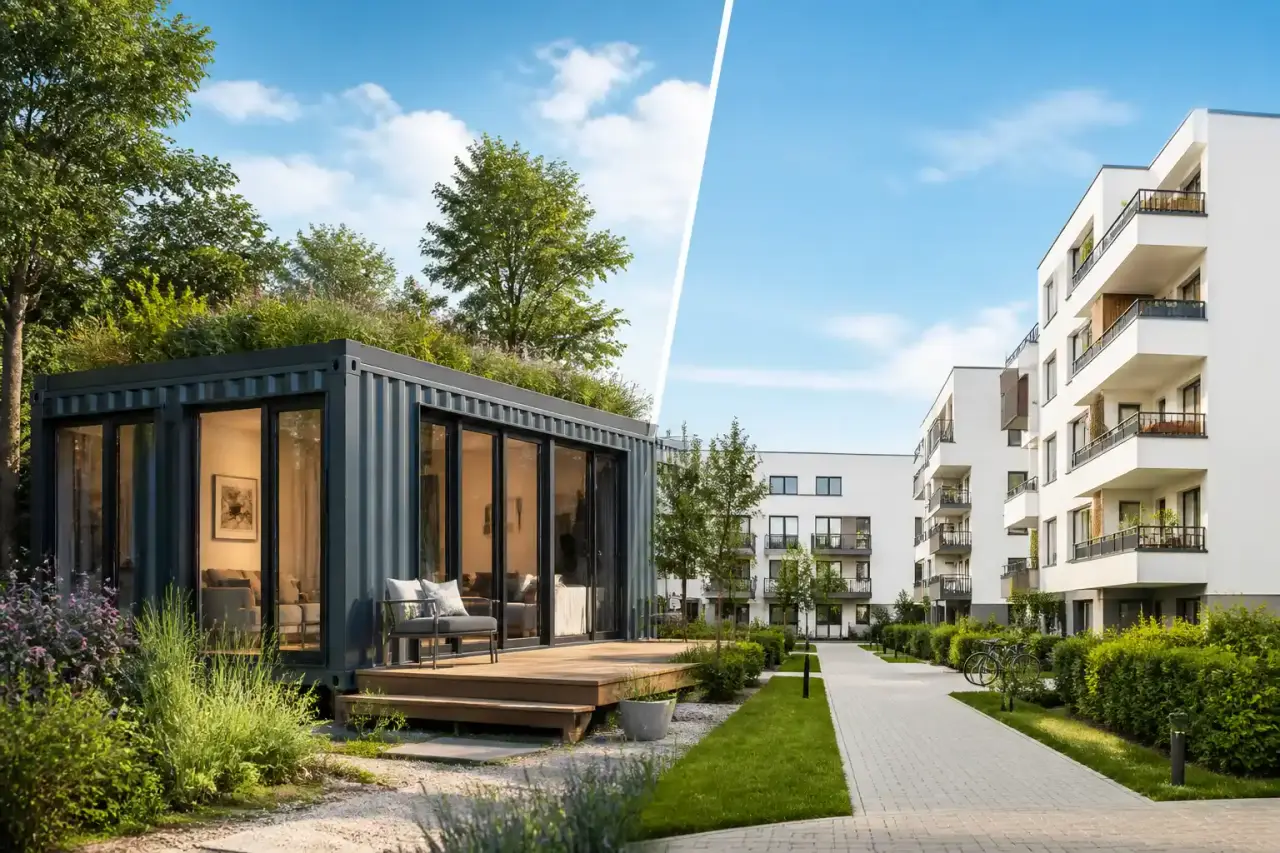 Maison container moderne avec bardage bois et grandes baies vitrées