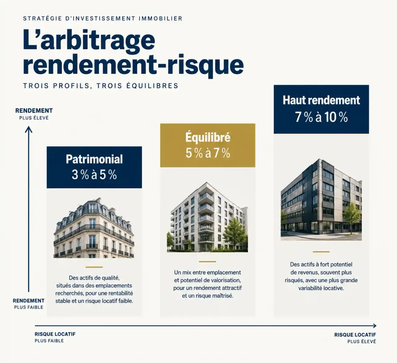 Stratégie d'investissement immobilier : arbitrage entre rendement et risque pour les profils patrimonial, équilibré et haut rendement