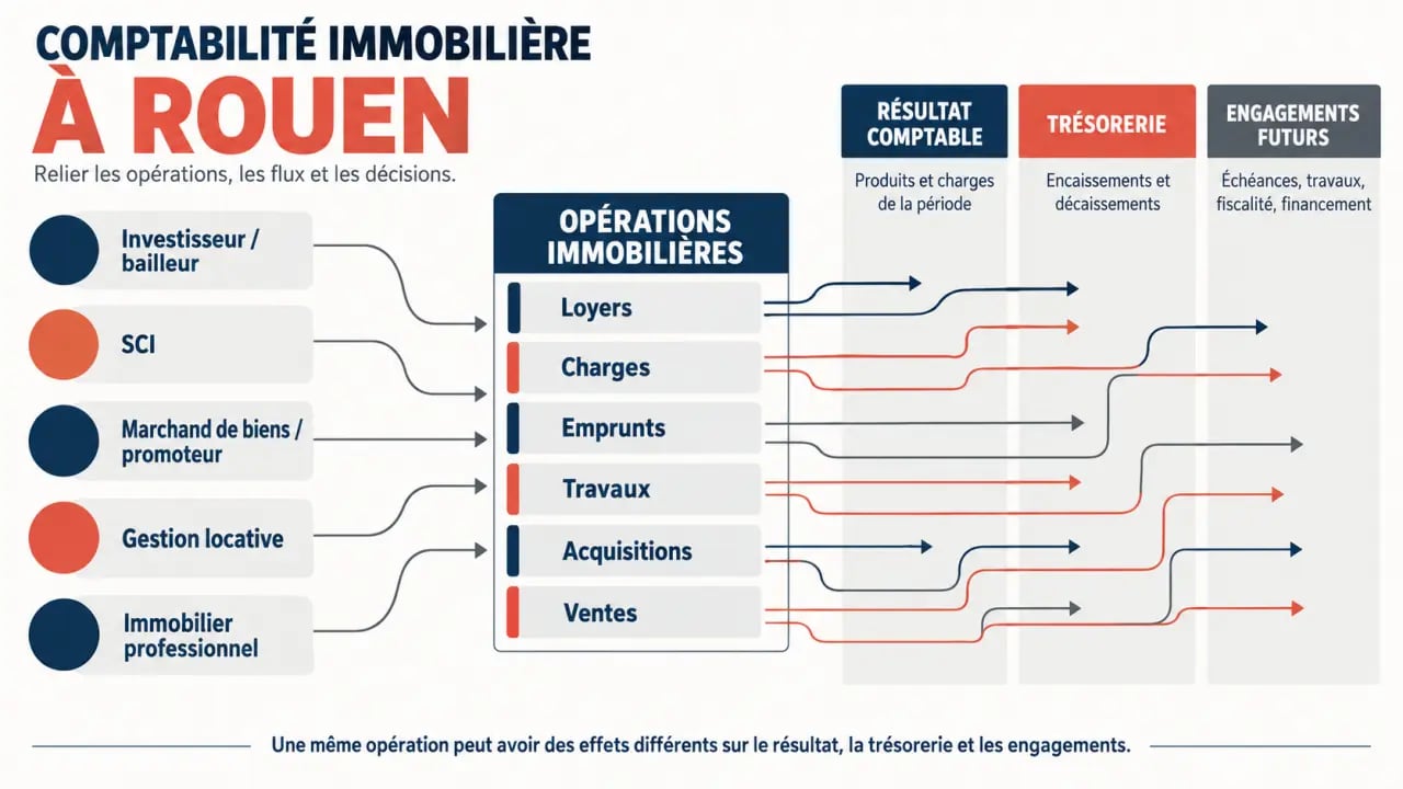 Infographie sur la comptabilité immobilier Rouen et le suivi des flux financiers selon les profils