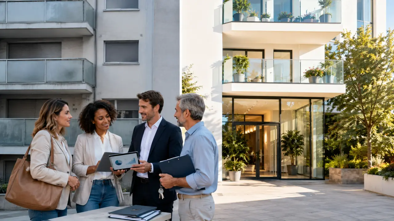 Complexe résidentiel moderne et lumineux avec végétation, symbole d'une copropriété bien gérée