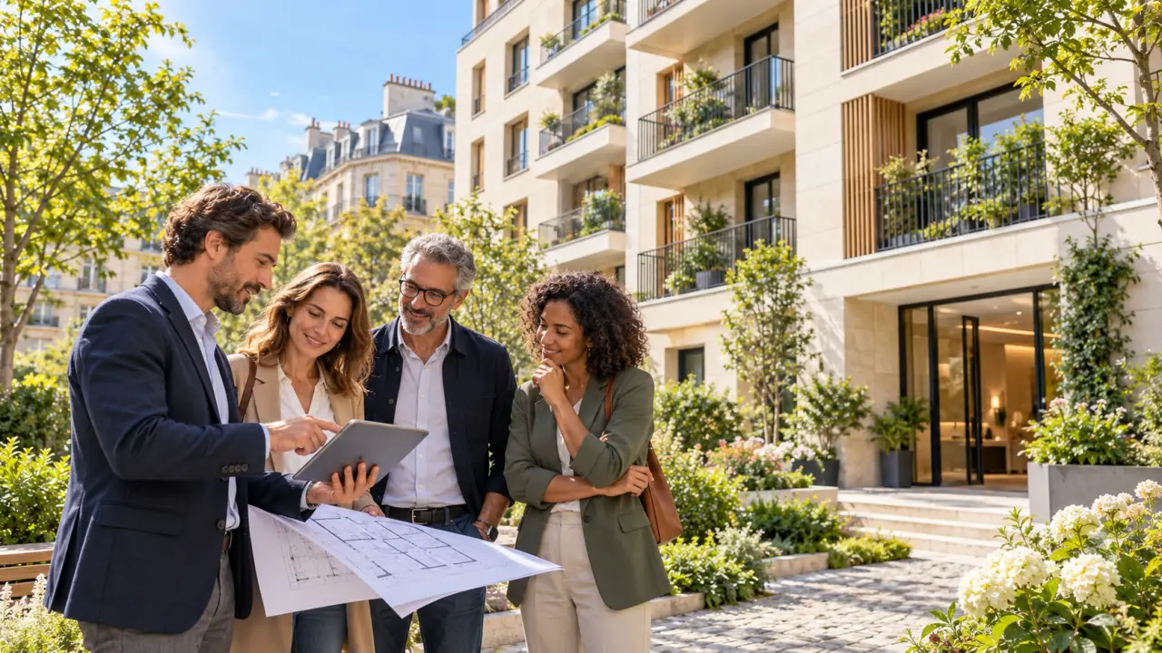 Copropriété rénovée avec façade claire et espaces extérieurs entretenus