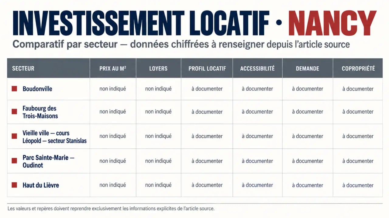 Investissement locatif Nancy : comparaison visuelle des quartiers, prix au mètre carré et profils locatifs
