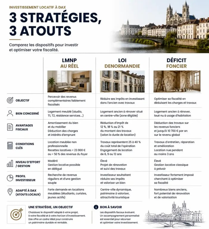 Comparatif des stratégies pour un investissement locatif à Dax : LMNP, Denormandie et Déficit Foncier