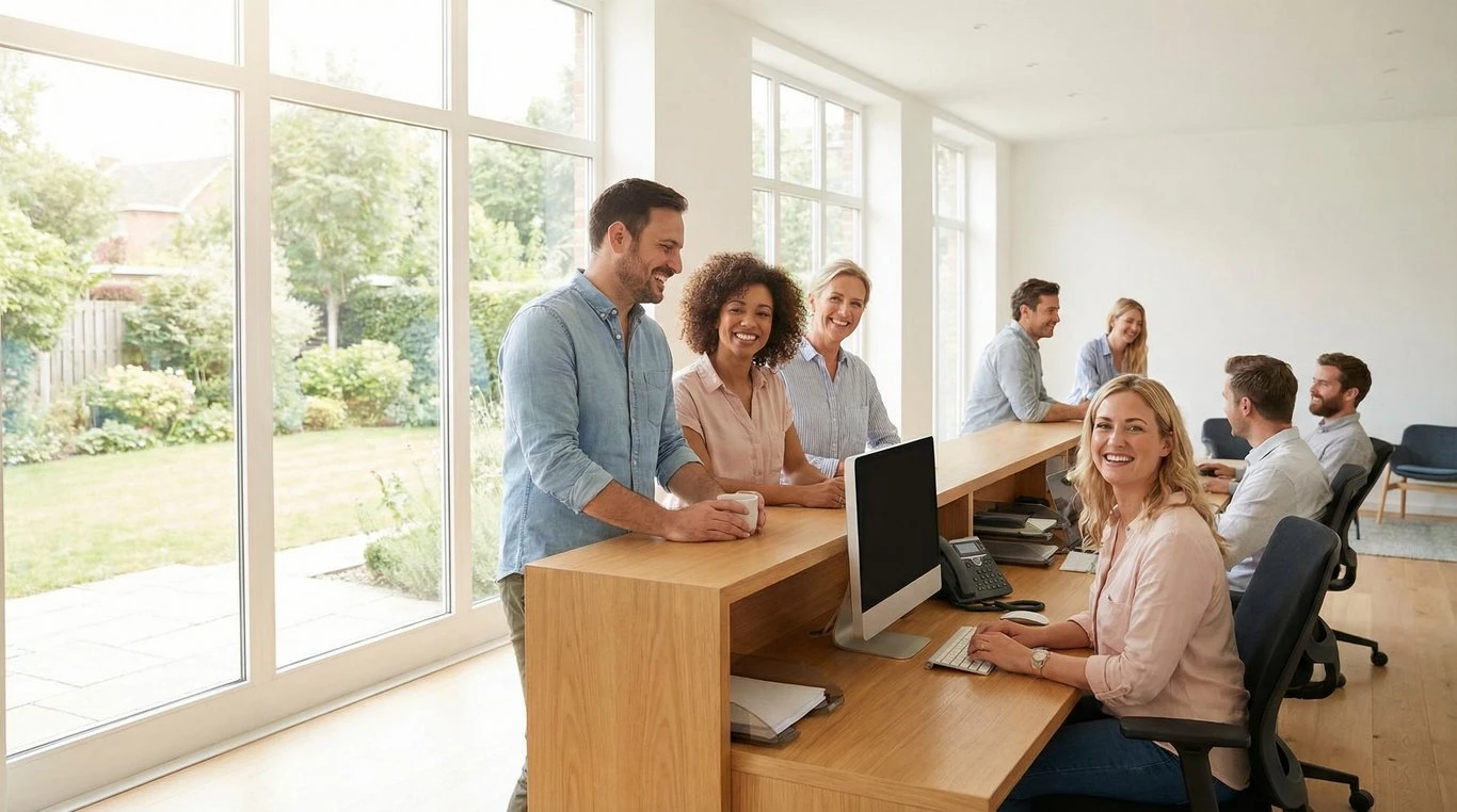 Gros plan sur une main tenant un smartphone affichant une application de gestion immobilière, flou d'arrière-plan urbain